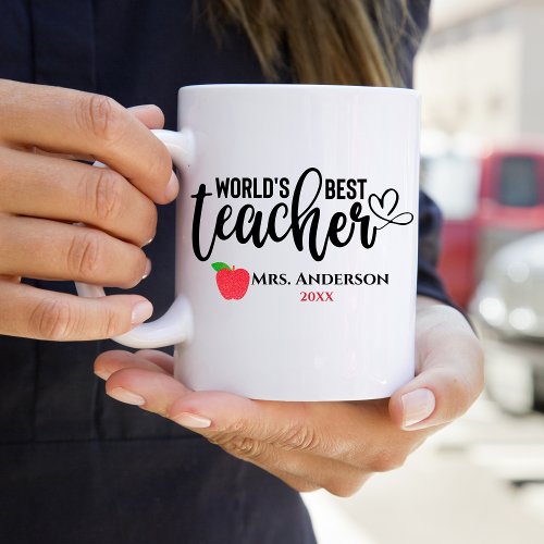 Worlds Best Teacher Glitter Red Apple Personalized Coffee Mug