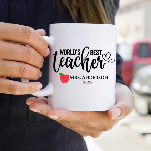 Worlds Best Teacher Glitter Red Apple Personalized Coffee Mug (Creator Uploaded)
