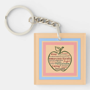 World's Best Teacher Green Apple on Peach and Blue Keychain