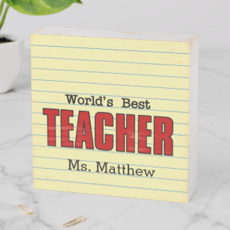 World's Best Teacher on Yellow Lined Schoolwork Wooden Box Sign