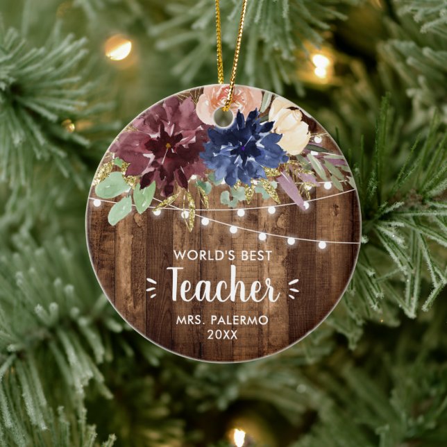 Worlds Best Teacher Personalized Barn Fairy Lights Ceramic Ornament (Tree)