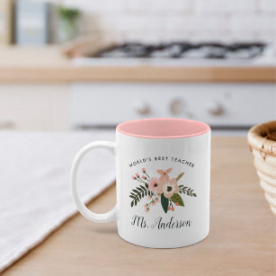 World's Best Teacher   Personalized Floral Two-Tone Coffee Mug