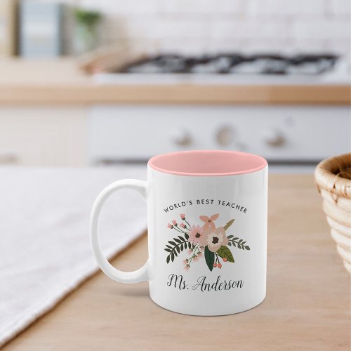 Worlds Best Teacher  Personalized Floral Two_Tone Coffee Mug