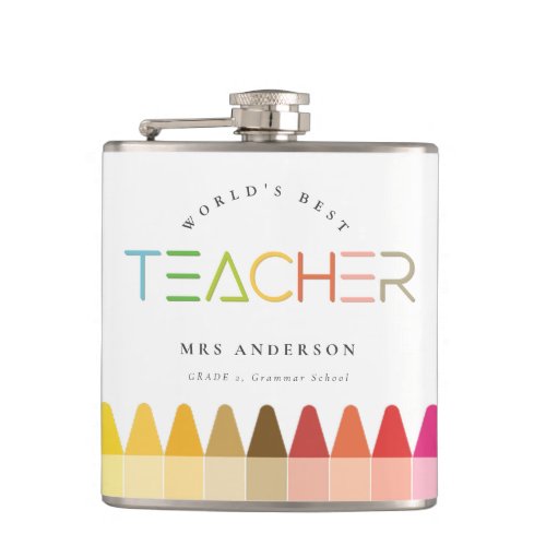 Worlds Best Teacher Rainbow Crayon Colors Gift Flask