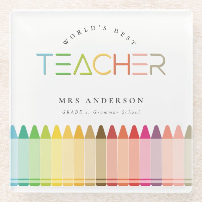 World's Best Teacher Rainbow Crayon Colors Glass Coaster (Front)