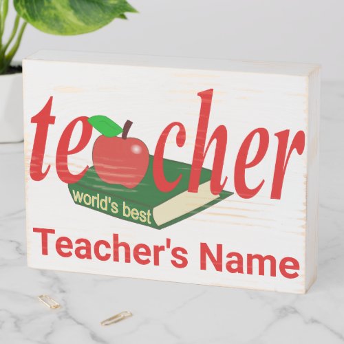 Worlds Best Teacher Red Apple Book Wooden Box Sign