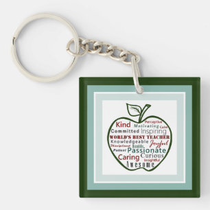 World's Best Teacher Typography Art Green Apple Keychain