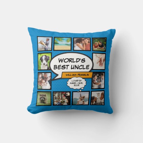 Worlds Best Uncle Fun Cool Blue Photo Collage Throw Pillow