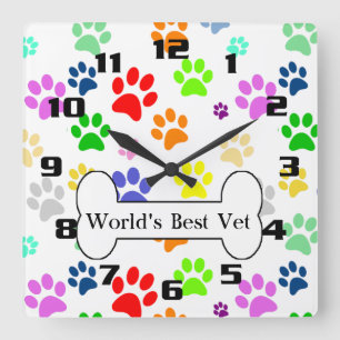 world's best vet Colorful Pet Paws Square Wall Clock