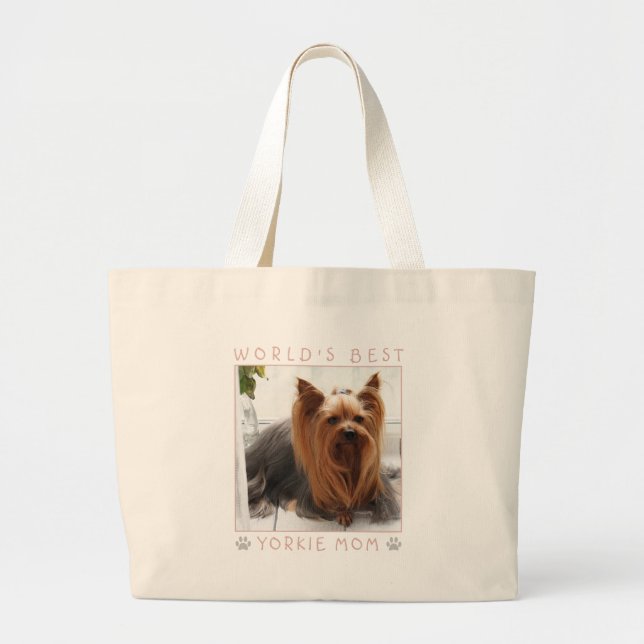 World's Best Yorkie Mom Pink Gray Paw Paws Photo Large Tote Bag (Front)