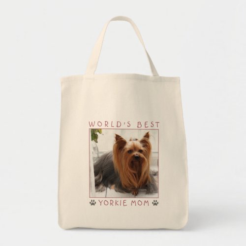Worlds Best Yorkie Mom Pink Gray Paw Prints Photo Tote Bag