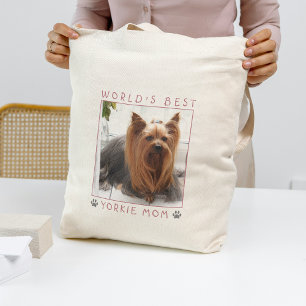 World's Best Yorkie Mom Pink Gray Paw Prints Photo Tote Bag