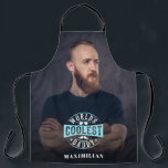 World's coolest daddy name & photo apron<br><div class="desc">Modern trendy apron featuring a customizable full bleed photo with the caption "World's coolest daddy" in white all caps font decorated with mustache and sunglasses.</div>
