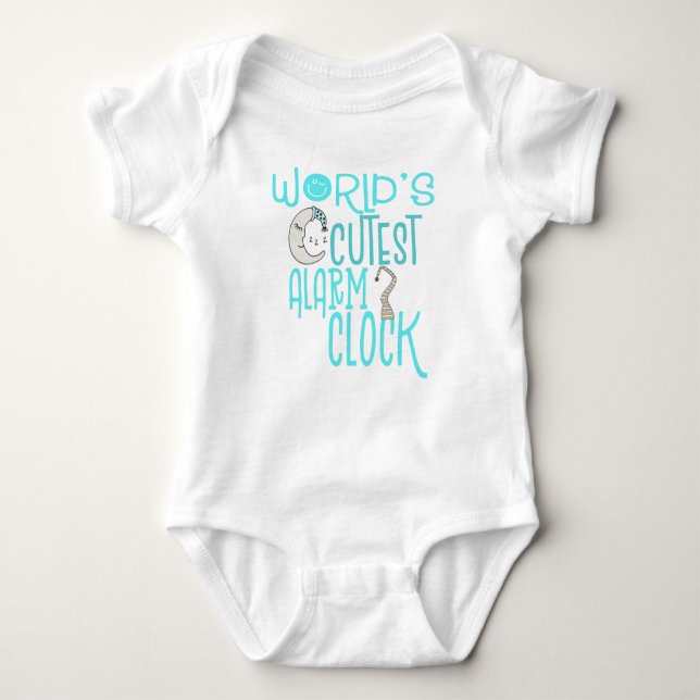 Worlds Cutest Alarm Clock Funny Quote Blue Boy Baby Bodysuit (Front)