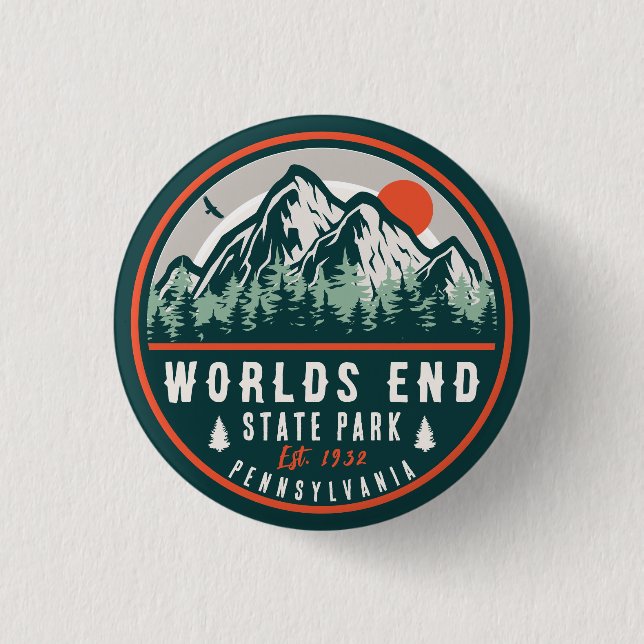 Worlds End State Park Pennsylvania Retro Sunset Button (Front)