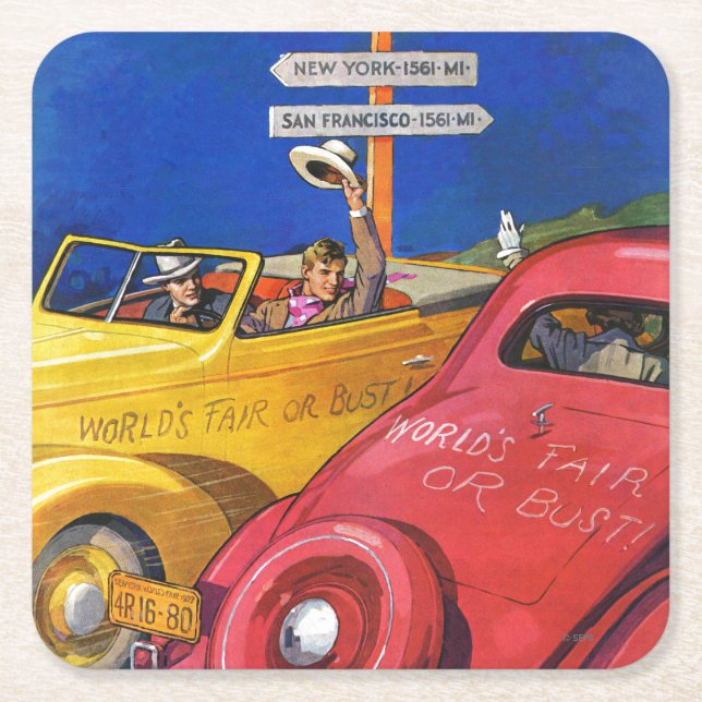 World's Fair or Bust Square Paper Coaster (Front)