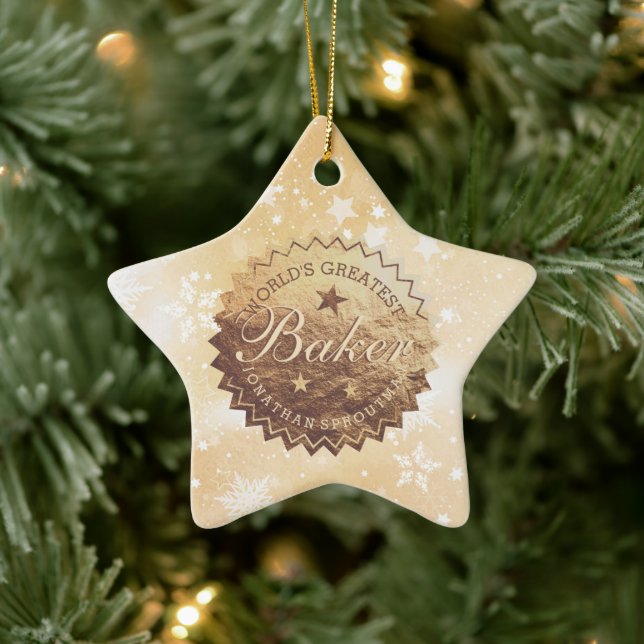 Worlds Greatest Baker faux gold emblem Christmas Ceramic Ornament (Tree)