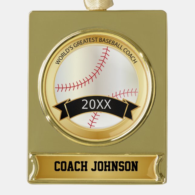 World's Greatest Baseball Coach | Personalize | Gold Plated Banner Ornament (Front)