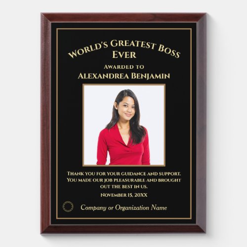 Worlds Greatest Boss Photo Logo Gold Personalize Award Plaque