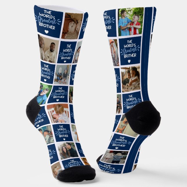 World's Greatest Brother Blue Photo Collage Socks (Angled)