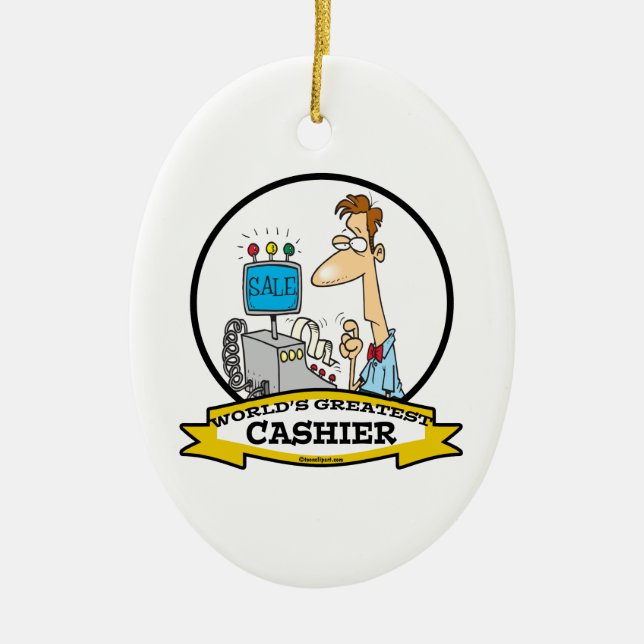 WORLDS GREATEST CASHIER MEN CARTOON CERAMIC ORNAMENT (Front)