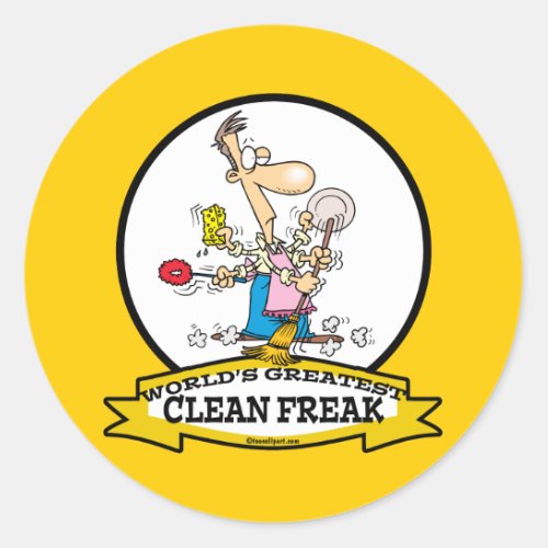 WORLDS GREATEST CLEAN FREAK MEN CARTOON CLASSIC ROUND STICKER