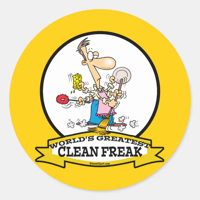 WORLDS GREATEST CLEAN FREAK MEN CARTOON CLASSIC ROUND STICKER | Zazzle