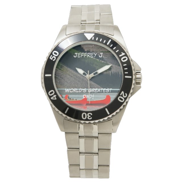 World's Greatest Dad! Canoes Mountains, Name Wrist Watch (Front)