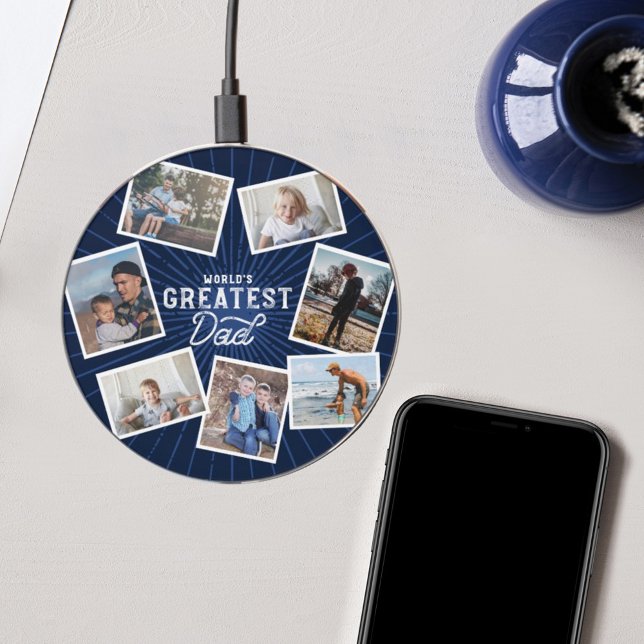 World's Greatest Dad Five Photo Collage Navy Wireless Charger (Creator Uploaded)