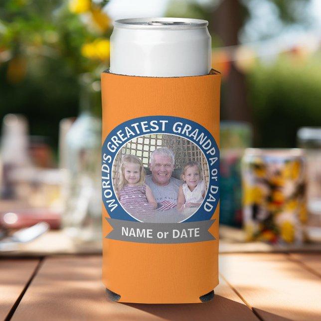 World's Greatest Dad Grandpa Photo orange blue Seltzer Can Cooler (Custom Can Cooler for Grandpa or Dad)