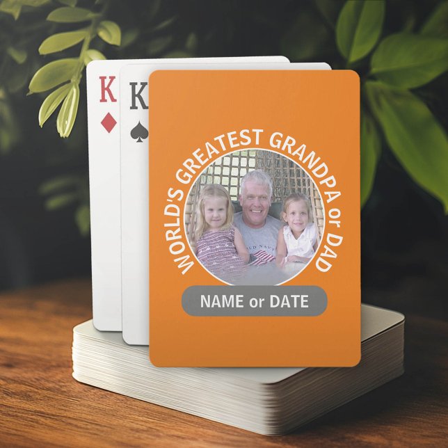 World's Greatest Dad Grandpa Photo orange gray Poker Cards (Custom Poker Cards for Dad)