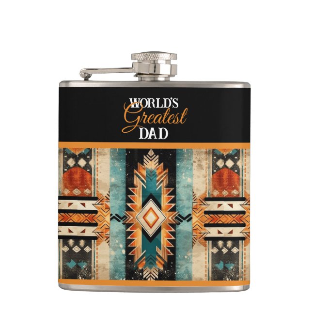 World's Greatest Dad Native American Aztec Design Flask (Front)