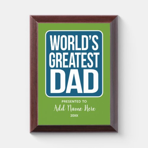 Worlds Greatest Dad _ Navy Blue and Lime Green Award Plaque
