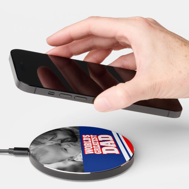 World's greatest Dad personalize photo red blue Wireless Charger (Hand)