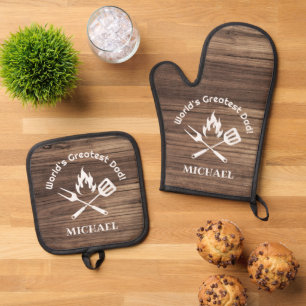 worlds greatest dad,personalized rustic wood grill oven mitt & pot holder set