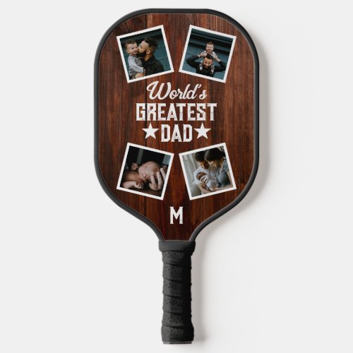 Worlds Greatest Dad Photo Collage Monogram Wooden Pickleball Paddle