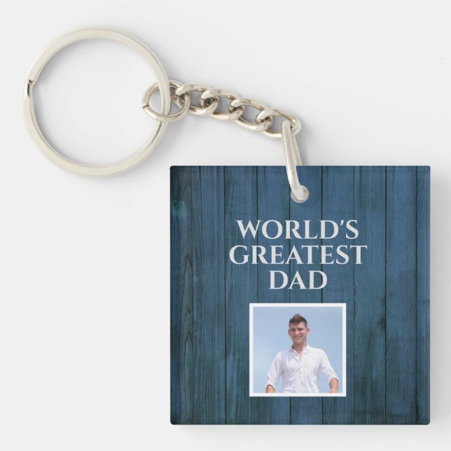 World's Greatest Dad - Photo On Rustic Blue Wood  Keychain (Front)
