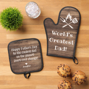 worlds greatest dad, rustic wood stylish oven mitt & pot holder set