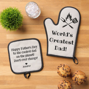 worlds greatest dad, stylish modern grey oven mitt & pot holder set