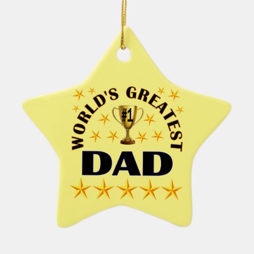 Worlds Greatest Dad Trophy Stars Cute Christmas Ceramic Ornament