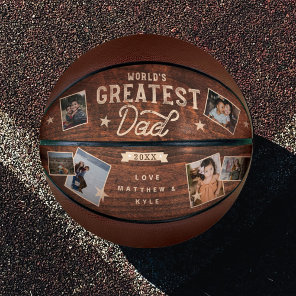 World's Greatest Dad Woodgrain Eight Photo Collage Basketball