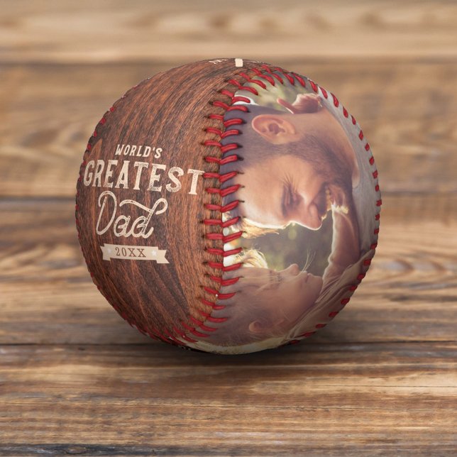 World's Greatest Dad Woodgrain Monogram & Photo Baseball (Creator Uploaded)