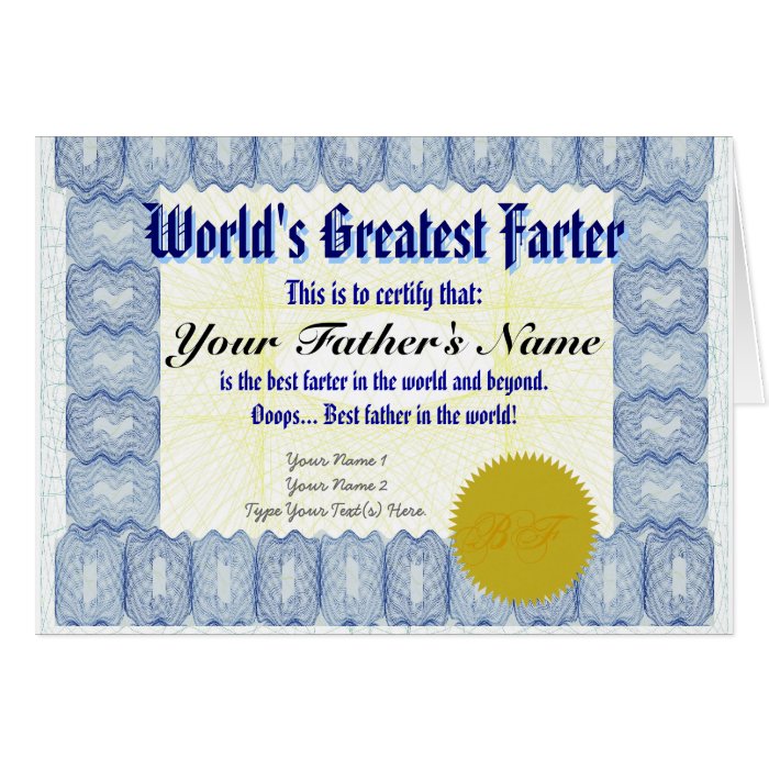 World's Greatest Farter Certificate Father Prank Card