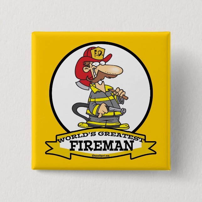 WORLDS GREATEST FIREMAN II MEN  CARTOON PINBACK BUTTON (Front)