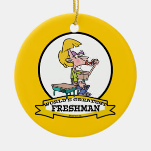 WORLDS GREATEST FRESHMAN GIRL CARTOON CERAMIC ORNAMENT