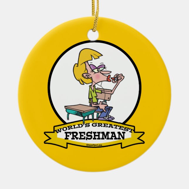WORLDS GREATEST FRESHMAN GIRL CARTOON CERAMIC ORNAMENT (Front)