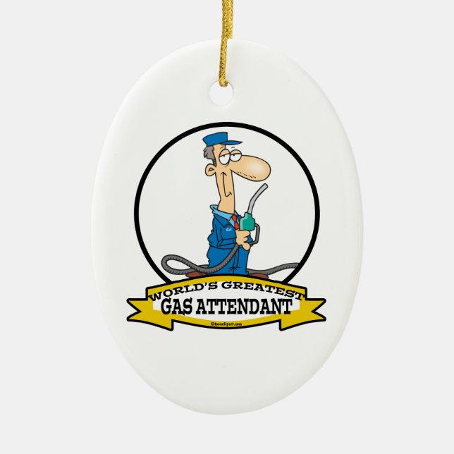 WORLDS GREATEST GAS ATTENDANT MEN CARTOON CERAMIC ORNAMENT (Front)