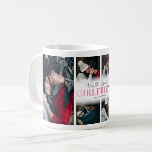 Worlds Greatest Girlfriend Photo Coffee Mug - Personalized girlfriend coffee mug featuring a 6 photo collage template, the word "worlds greatest girlfriend" in a cute pink gradient font, and your names.