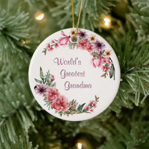 World's Greatest Grandma Floral Holiday Ceramic Ornament