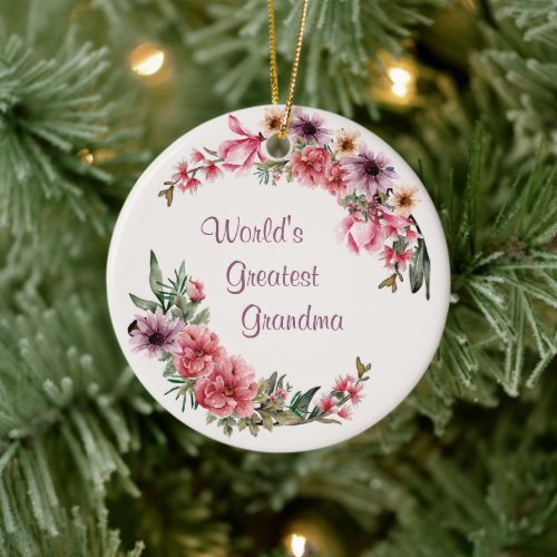 Worlds Greatest Grandma Floral Holiday Ceramic Ornament